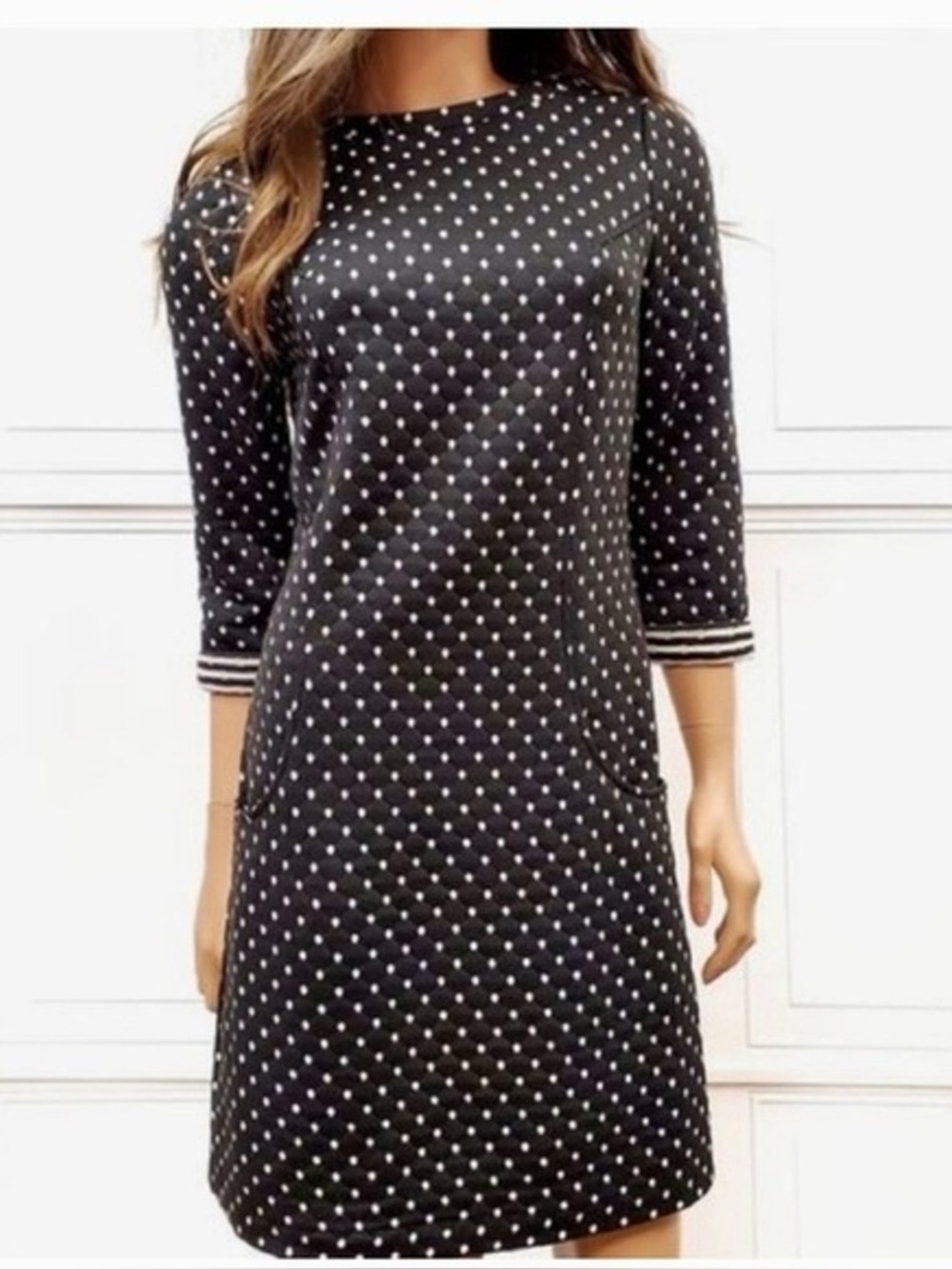 Boden Dotty Quilted Shift Dress 3/4 Sleeve Polka Dot Pockets Black Womens Size 8